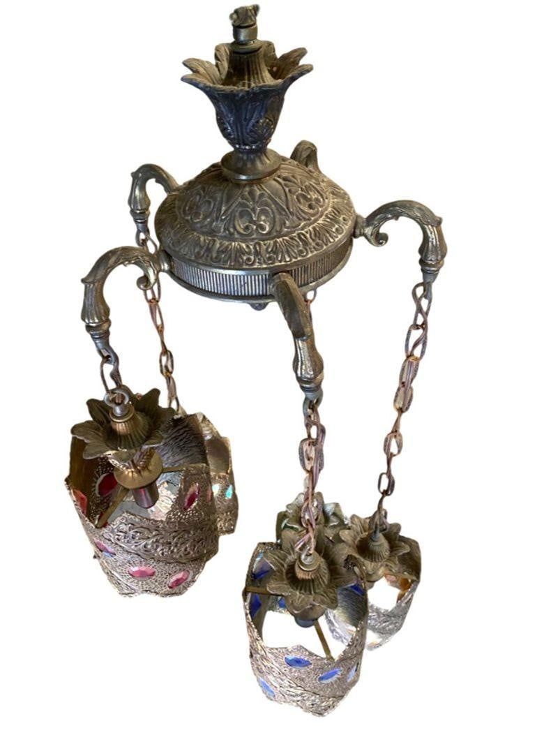 Hollywood Regency Jewel Prisms Filigree 5 Light Hanging Chandelier, Circa 1950 - 15