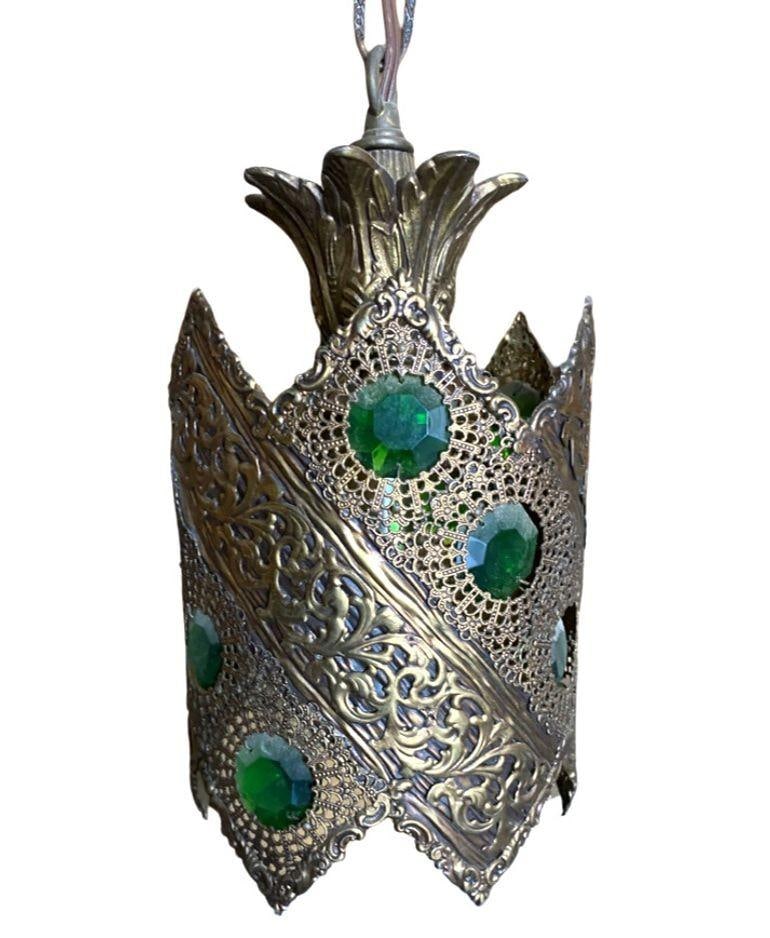 Hollywood Regency Jewel Prisms Filigree 5 Light Hanging Chandelier, Circa 1950 - 2