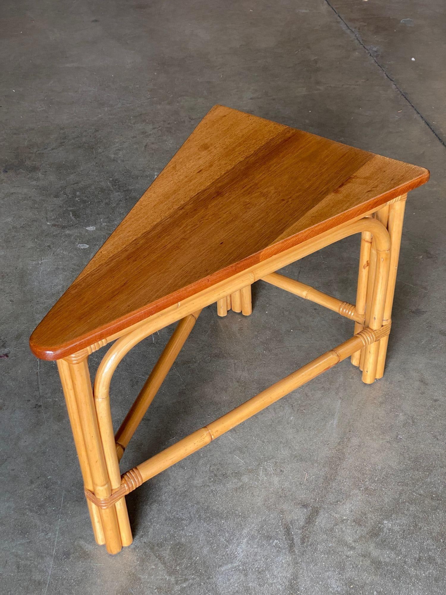 Restored Rattan Corner Wedge Table with Mahogany Tabletop - 17