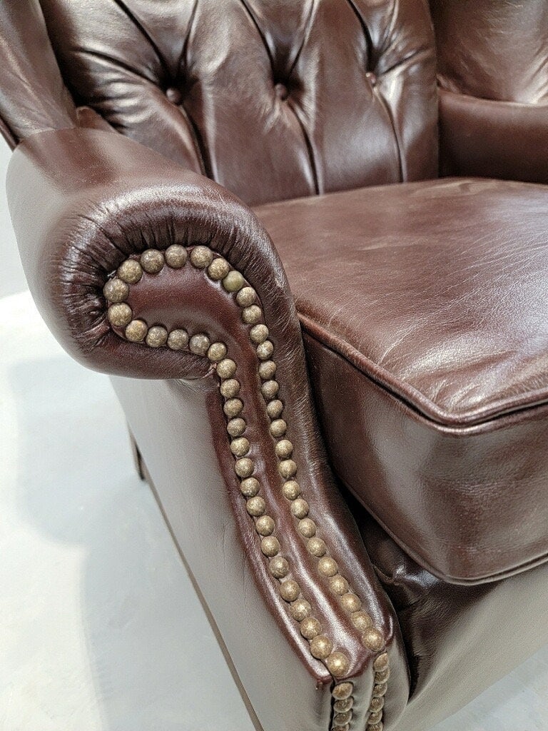 Vintage English Chesterfield Style Wingback Chair Newly Upholstered in Leather - 8