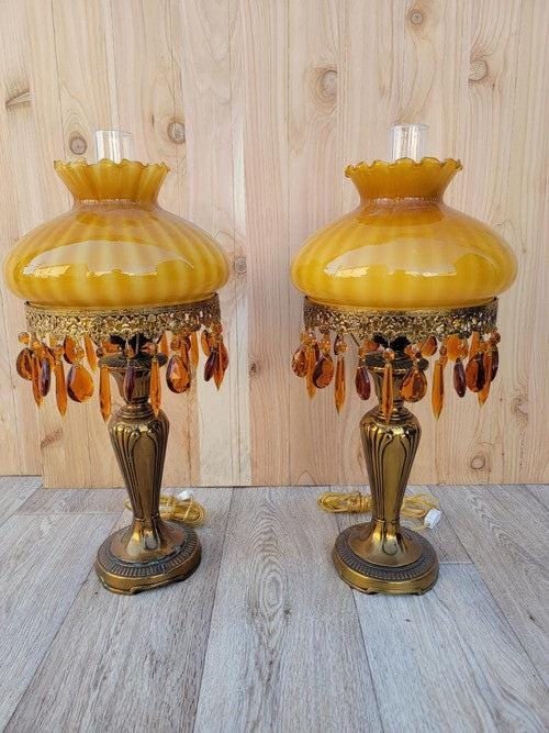 Vintage French Boudoir Style Electric Amber Glass Shade Oil Lamps - Pair (1 of 10)