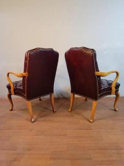 Vintage Traditional Georgian Style Tufted Burgundy Naugahyde Chairs - Pair - 3