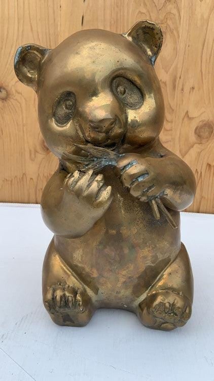 Mid Century Modern Brass Panda Statue Figurine: Title: Mid Century Modern Brass Panda Statue Figurine Description: Mid Century Modern Brass Panda Statue Figurine A fun mid century modern sitting brass panda statue with foliage in hands would be a c
