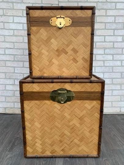Vintage Asian Style Woven Bamboo Nesting Storage Trunks - Set of 2 (1 of 9)