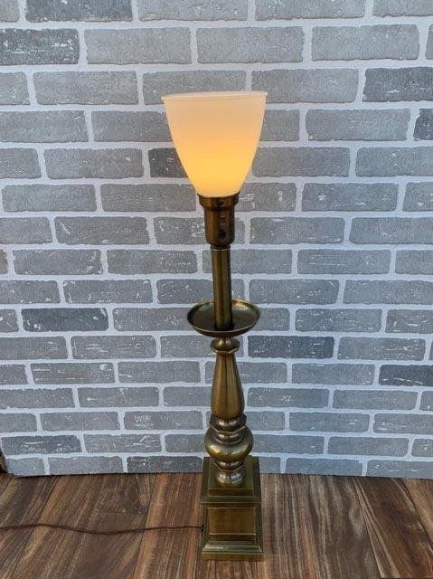 Art Deco Torchiere Brass Table Lamp with Milk Glass Shade: Title: Art Deco Torchiere Brass Table Lamp with Milk Glass Shade Description: Vintage from the 1950s Materials: Glass, metal Vintage Art Deco Torchiere Brass Table Lamp with Milk Glass Shade Very Heav