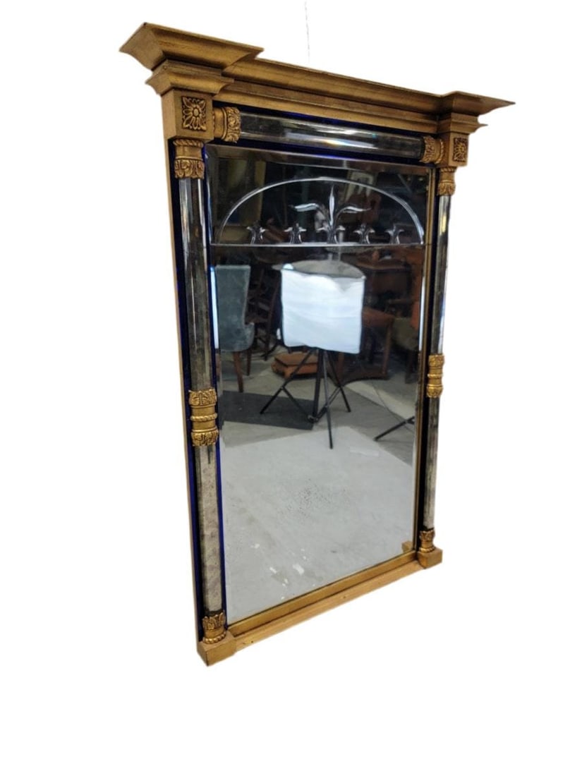 Vintage Empire Federal Style Gilt Wall Mirror with Beveled Glass and Cobalt Blue Trim - 2