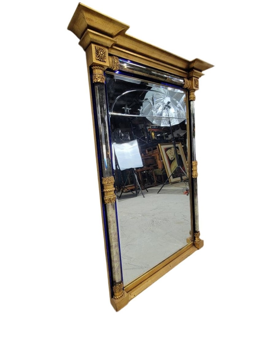 Vintage Empire Federal Style Gilt Wall Mirror with Beveled Glass and Cobalt Blue Trim - 3