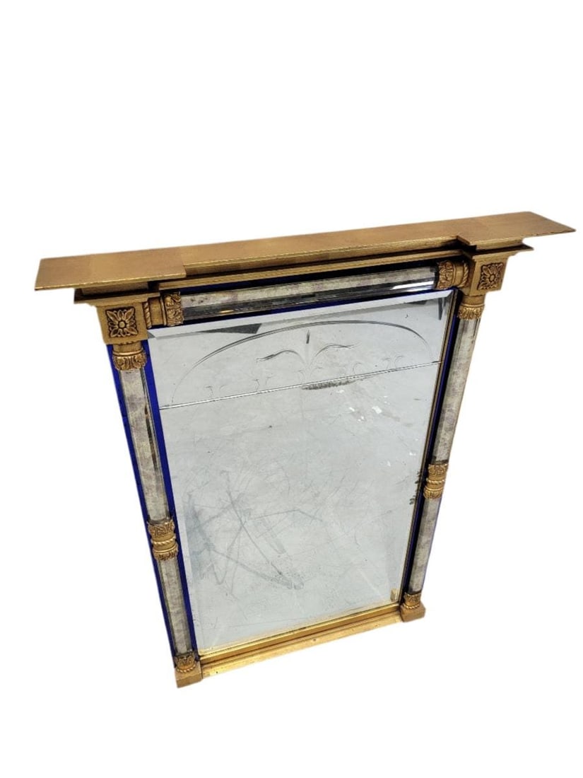 Vintage Empire Federal Style Gilt Wall Mirror with Beveled Glass and Cobalt Blue Trim - 5