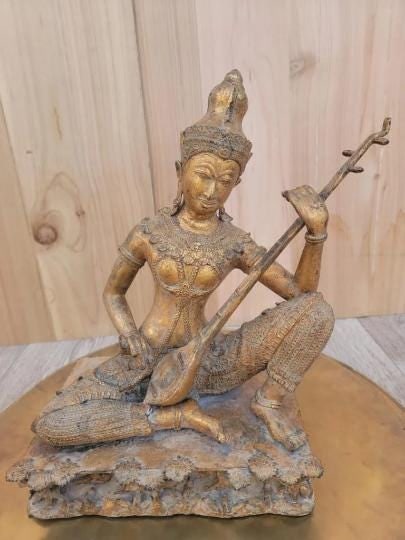 Antique Thailand Gilded Bronze Statue of Saraswati Playing a Vina - 2