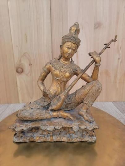Antique Thailand Gilded Bronze Statue of Saraswati Playing a Vina - 3