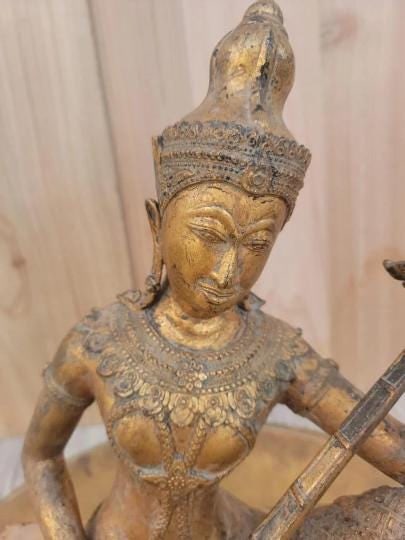 Antique Thailand Gilded Bronze Statue of Saraswati Playing a Vina - 7
