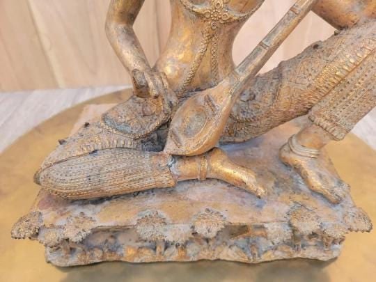 Antique Thailand Gilded Bronze Statue of Saraswati Playing a Vina - 8