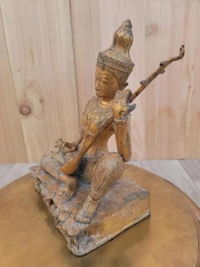 Antique Thailand Gilded Bronze Statue of Saraswati Playing a Vina - 9