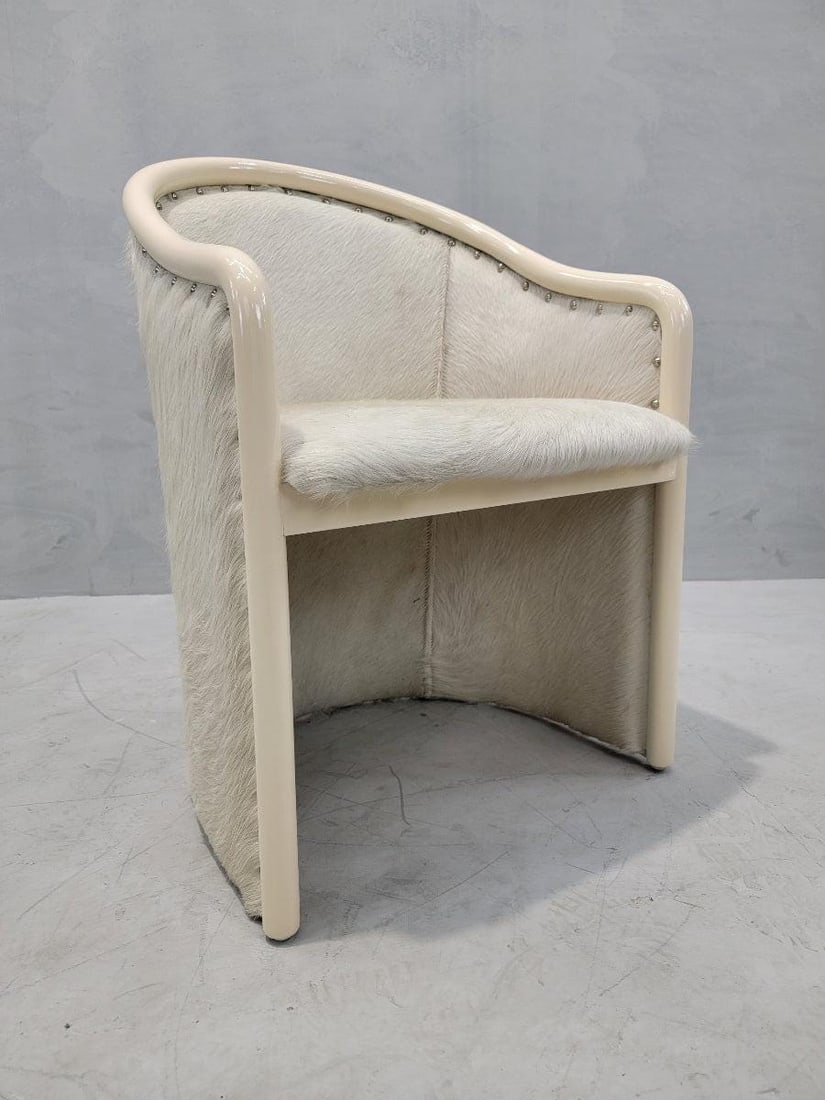 Vintage Italian Cream Lacquer Barrel Back Occasional Chair by Tonon Newly Reupholstered in Cowhide - 4