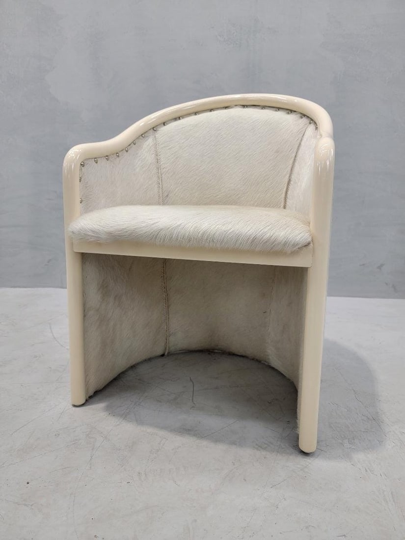 Vintage Italian Cream Lacquer Barrel Back Occasional Chair by Tonon Newly Reupholstered in Cowhide - 6