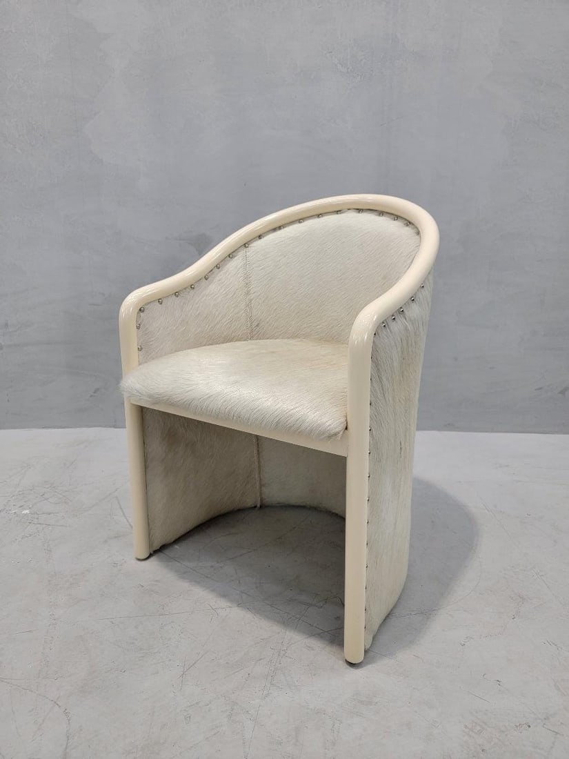 Vintage Italian Cream Lacquer Barrel Back Occasional Chair by Tonon Newly Reupholstered in Cowhide - 8
