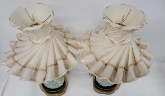 Antique Victorian Dresden Porcelain Lace Lady Boudoir Lamps - Pair - 10