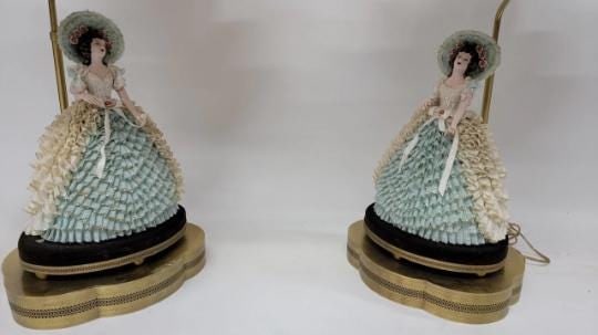 Antique Victorian Dresden Porcelain Lace Lady Boudoir Lamps - Pair - 9