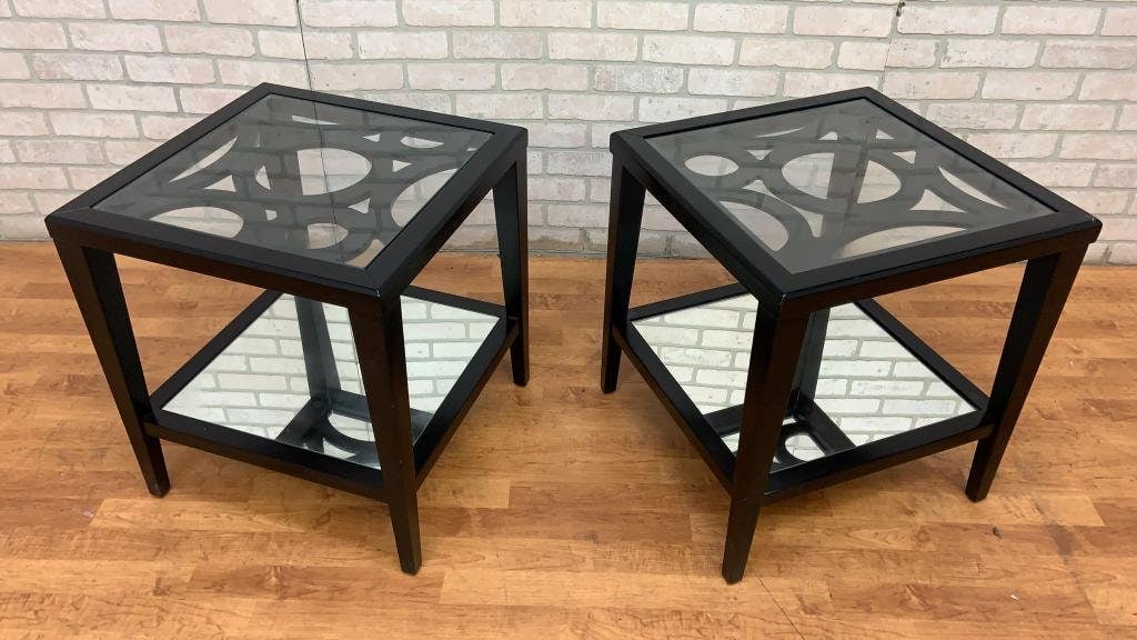 Mid Century Modern Black Lacquer Geometric Glass Top Side Tables with Mirror Shelf- Pair (1 of 8)