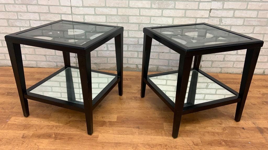 Mid Century Modern Black Lacquer Geometric Glass Top Side Tables with Mirror Shelf- Pair - 2
