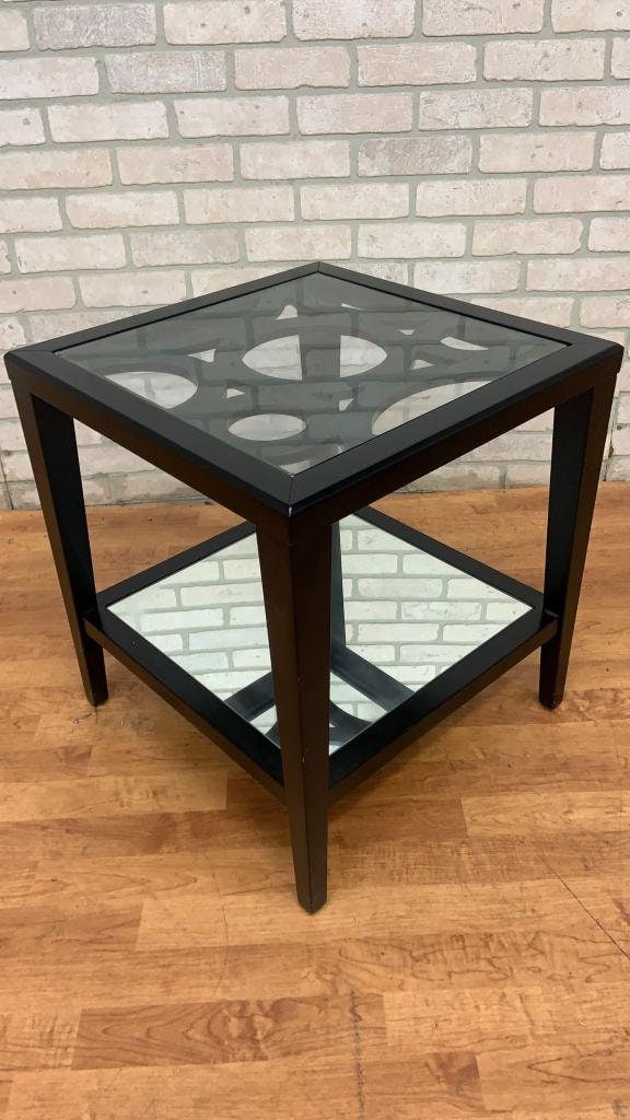 Mid Century Modern Black Lacquer Geometric Glass Top Side Tables with Mirror Shelf- Pair - 4