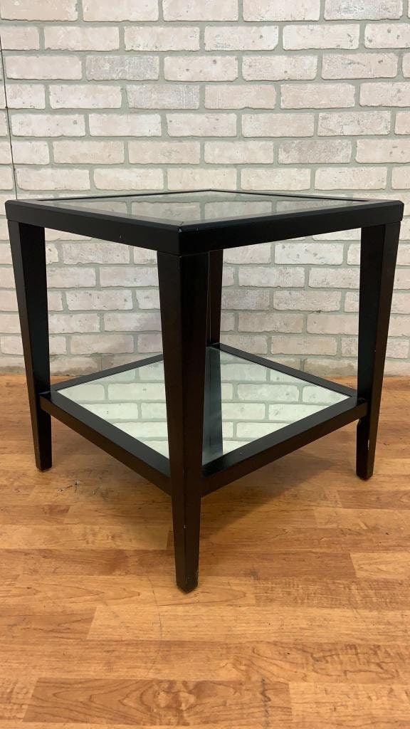 Mid Century Modern Black Lacquer Geometric Glass Top Side Tables with Mirror Shelf- Pair - 5