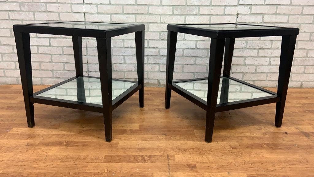 Mid Century Modern Black Lacquer Geometric Glass Top Side Tables with Mirror Shelf- Pair - 7