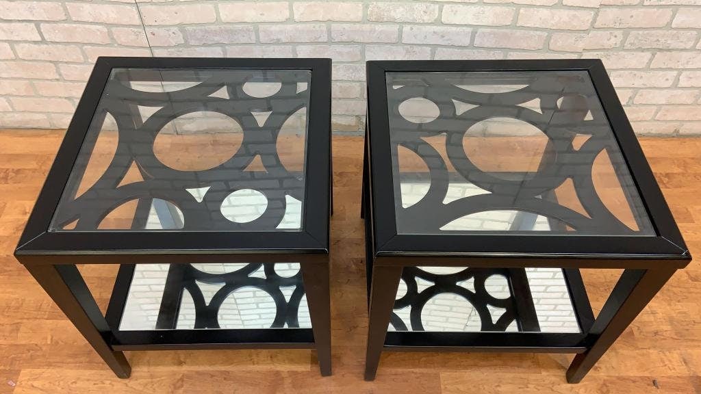 Mid Century Modern Black Lacquer Geometric Glass Top Side Tables with Mirror Shelf- Pair - 8