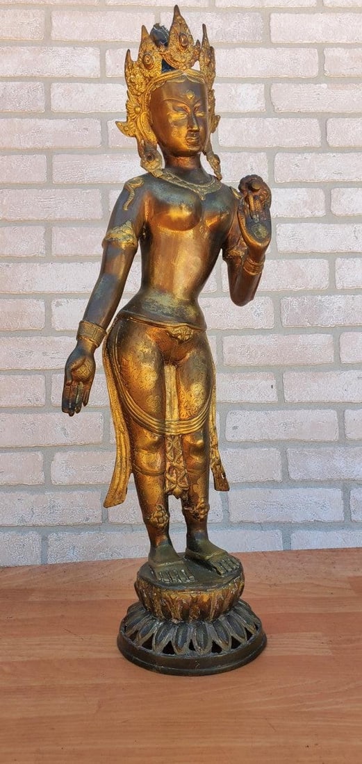 Antique Gilt Bronze Tibetan Hindu Manjurshi Deity Statue - 3