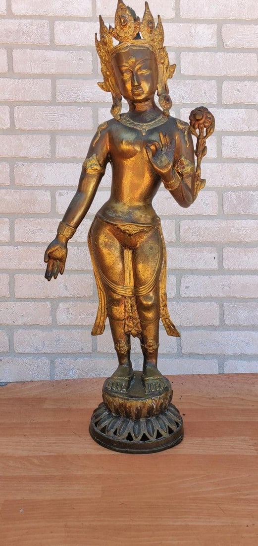 Antique Gilt Bronze Tibetan Hindu Manjurshi Deity Statue - 4