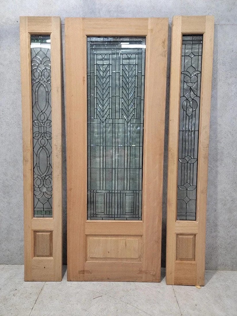 Vintage Unfinished Mahogany Door and Two Sidelights with Beveled and Jeweled Glass Exterior/Interior (1 of 10)