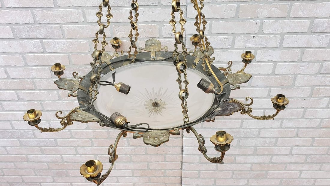 Antique French Empire Ornate Brass 4 Light Electrified Etched Glass Bowl Candelabra Chandelier - 3