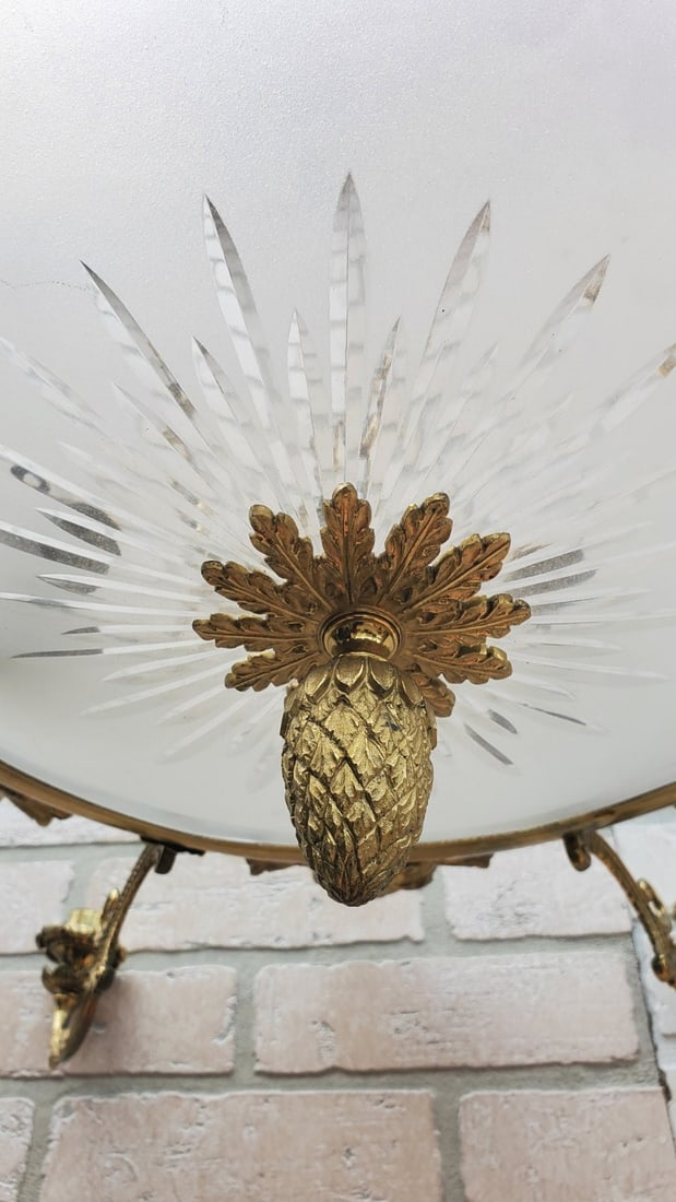 Antique French Empire Ornate Brass 4 Light Electrified Etched Glass Bowl Candelabra Chandelier - 6