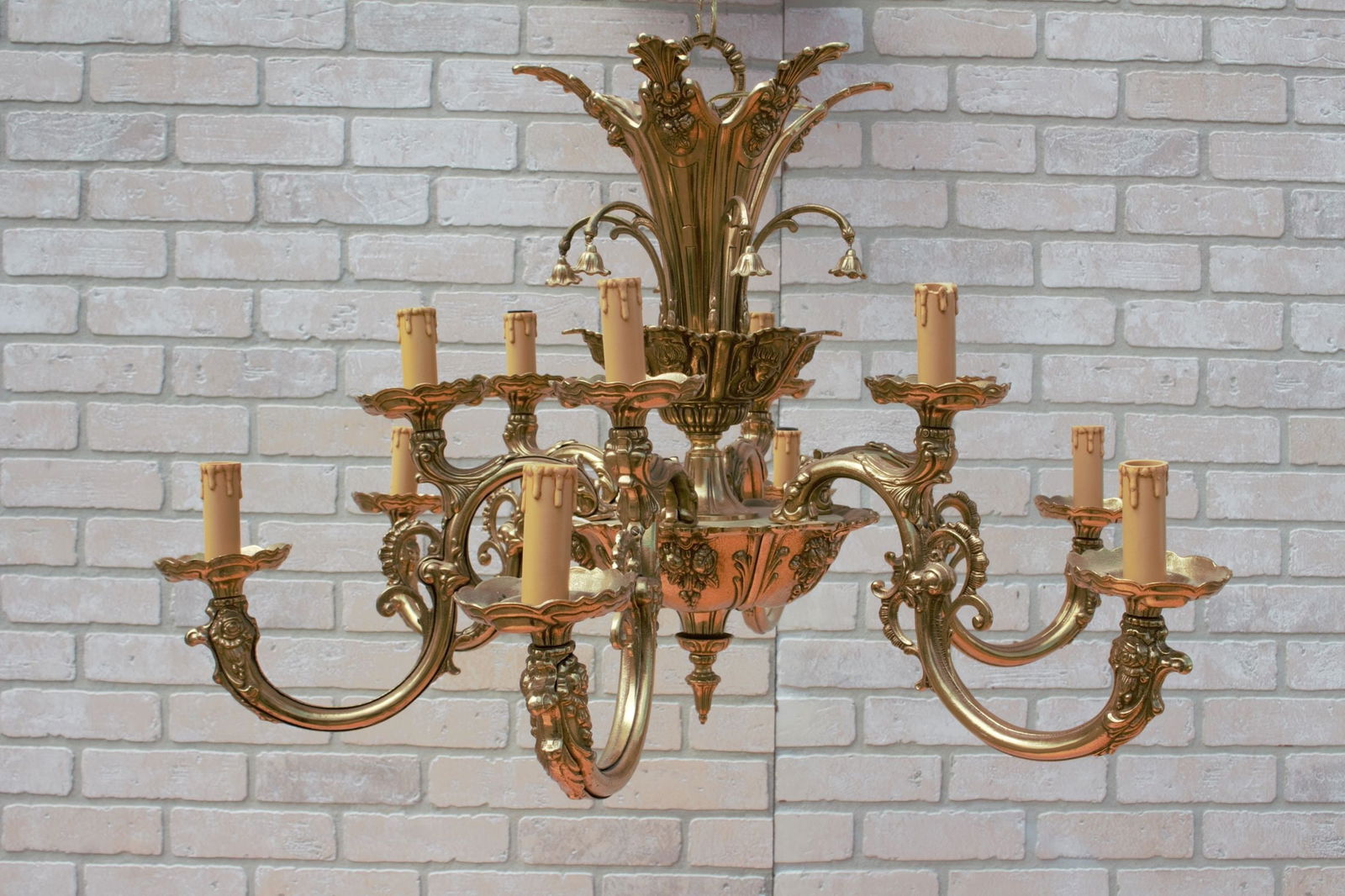Antique Italian Baroque Figural Ormolu Brass Chandelier - Pair: Title: Antique Italian Baroque Figural Ormolu Brass Chandelier - Pair Description: Materials: Metal Antique Italian Baroque Style Ornate Figural Ormolu Solid Brass 12 Candle Lamp Chandelier - Pair Exc