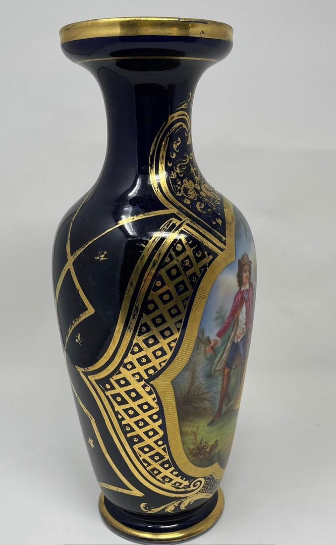 Antique French Old Paris Gilded Porcelain Vases with Hand Painted Courting Scenes - Pair - 10