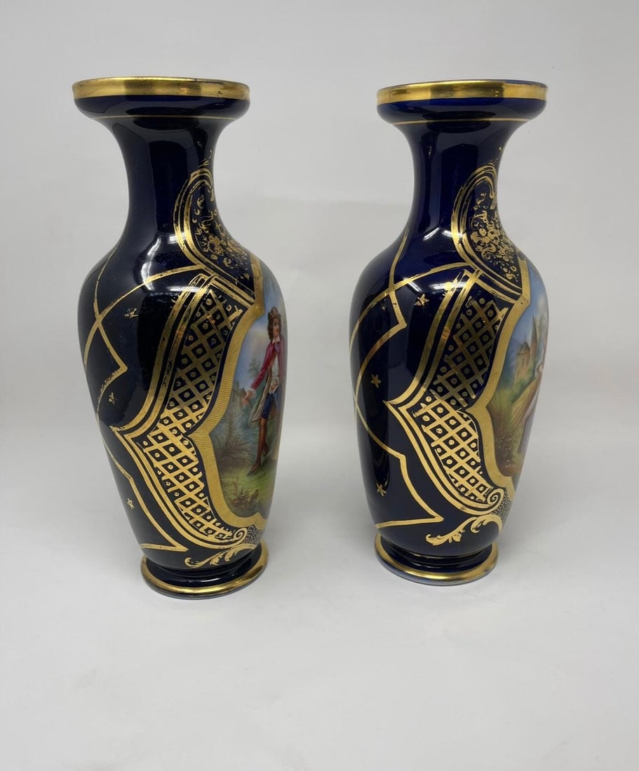 Antique French Old Paris Gilded Porcelain Vases with Hand Painted Courting Scenes - Pair - 4