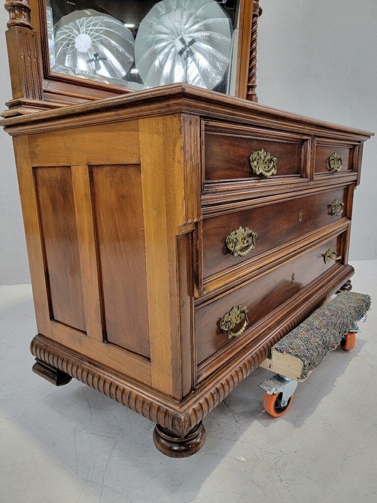 Antique Neoclassical Carved Northwind Face Topped Barley-Twist Beveled Mirror Topped Dresser - 5