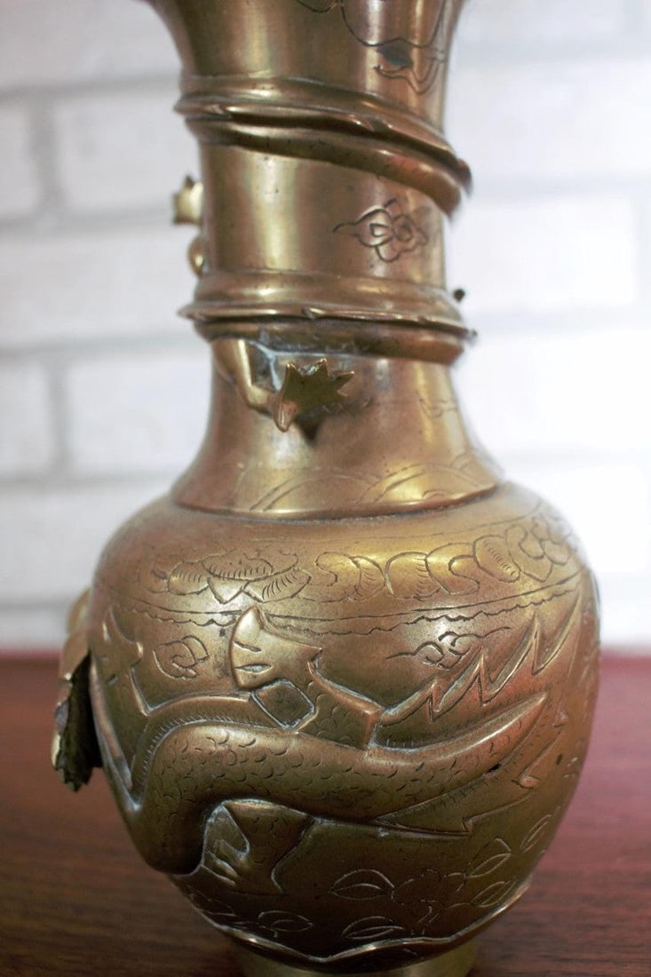 Antique Chinese Bronze Royal Dragons Sculpted Vase - Pair - 10