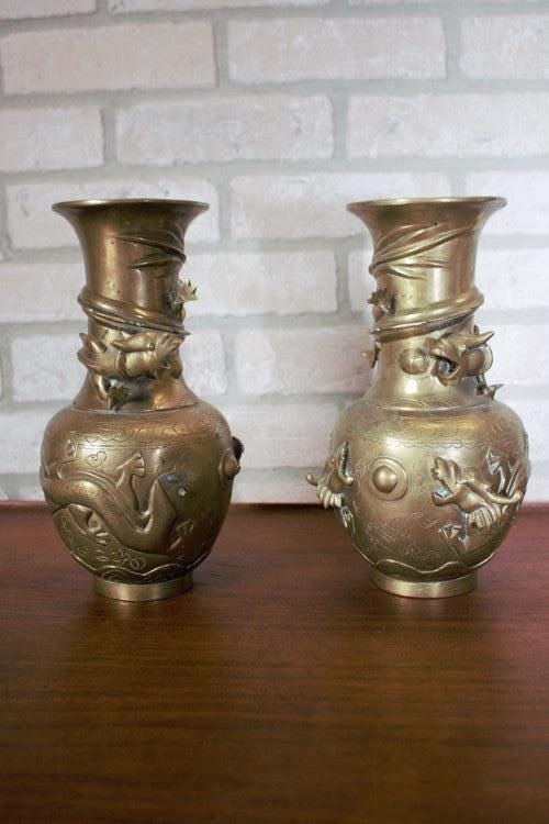 Antique Chinese Bronze Royal Dragons Sculpted Vase - Pair - 2