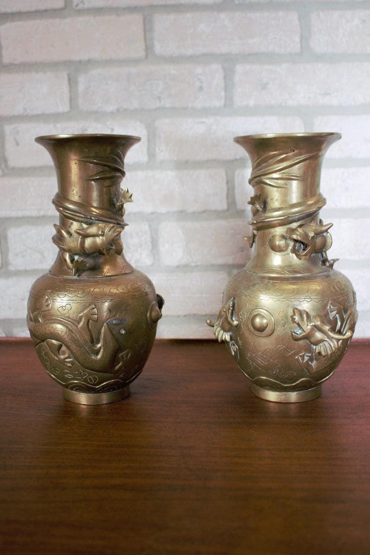 Antique Chinese Bronze Royal Dragons Sculpted Vase - Pair - 3
