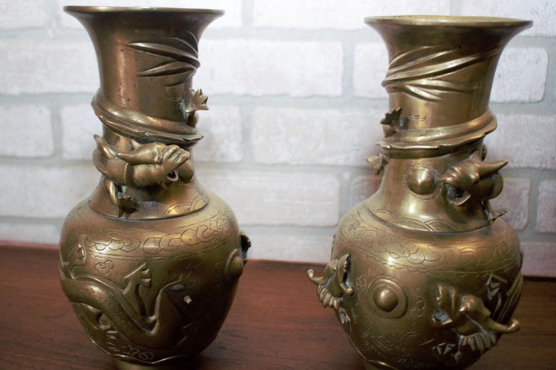 Antique Chinese Bronze Royal Dragons Sculpted Vase - Pair - 6