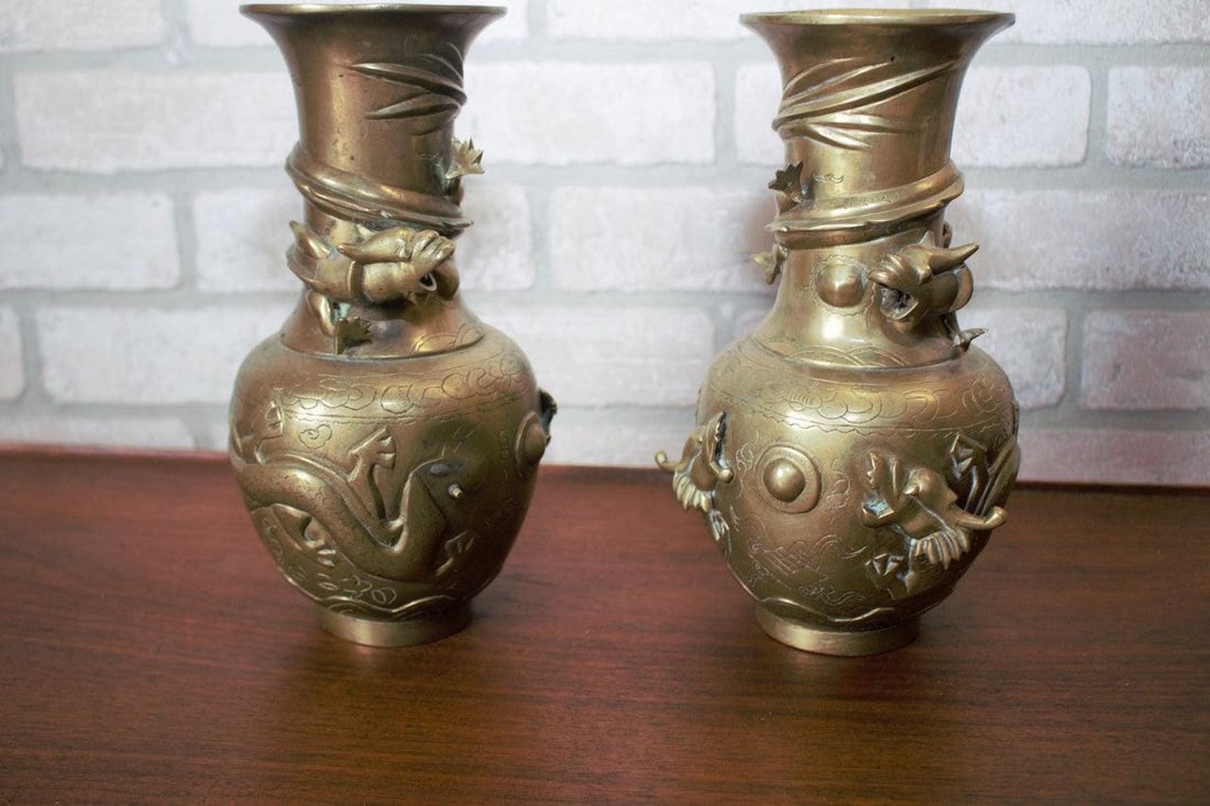 Antique Chinese Bronze Royal Dragons Sculpted Vase - Pair - 7