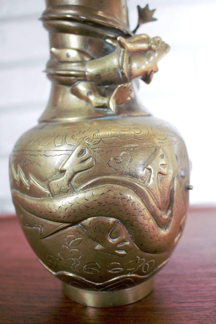 Antique Chinese Bronze Royal Dragons Sculpted Vase - Pair - 9