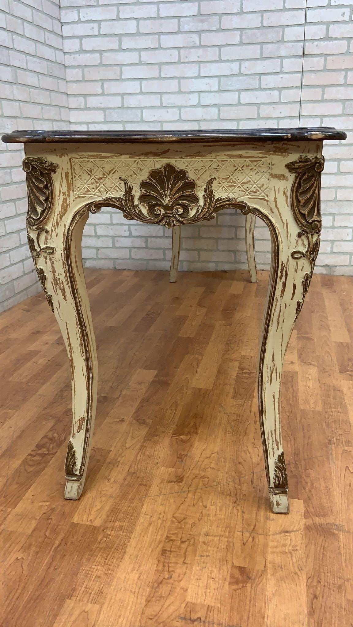 Vintage French Provincial Hand Carved Console Table with Cherry Wood Top - 5