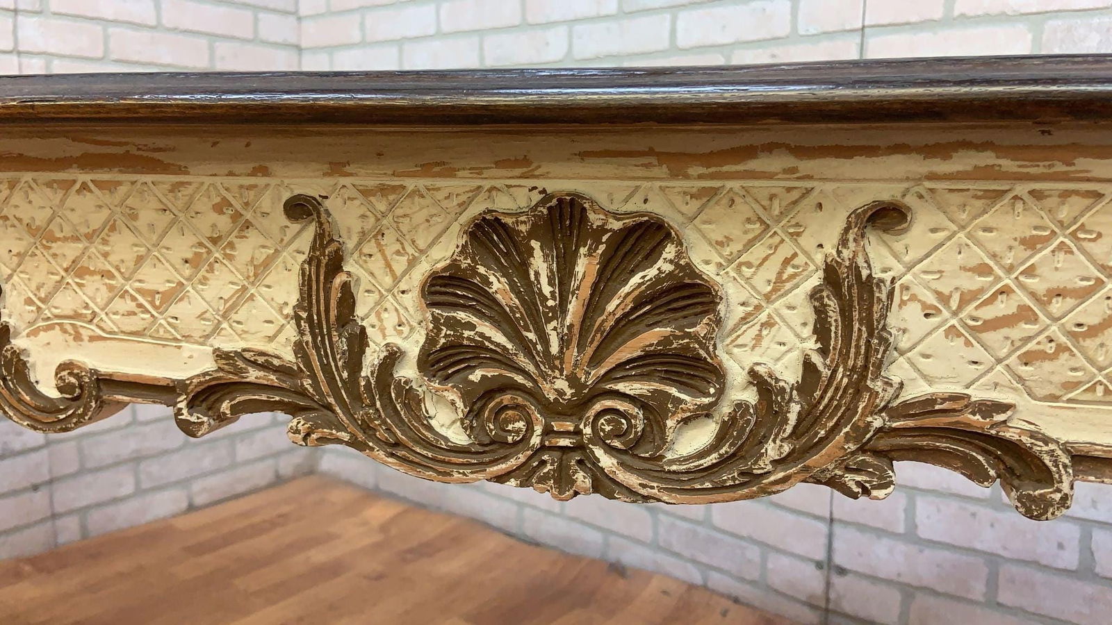 Vintage French Provincial Hand Carved Console Table with Cherry Wood Top - 7