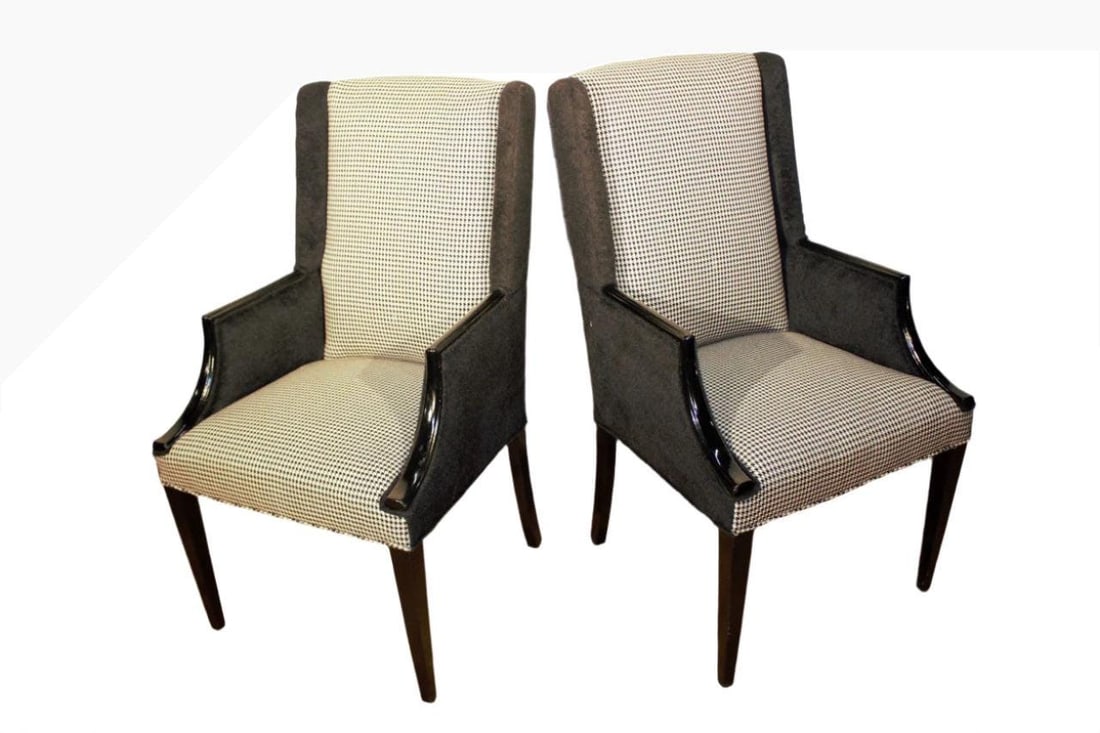 Vintage Wingback Style Black Frame Lounge Chair Newly Reupholstered - Pair: Title: Vintage Wingback Style Black Frame Lounge Chair Newly Reupholstered - Pair Description: Vintage Wingback Style Black Lacquer Frame Lounge Chairs Newly Reupholstered in Black and White Houndstoo