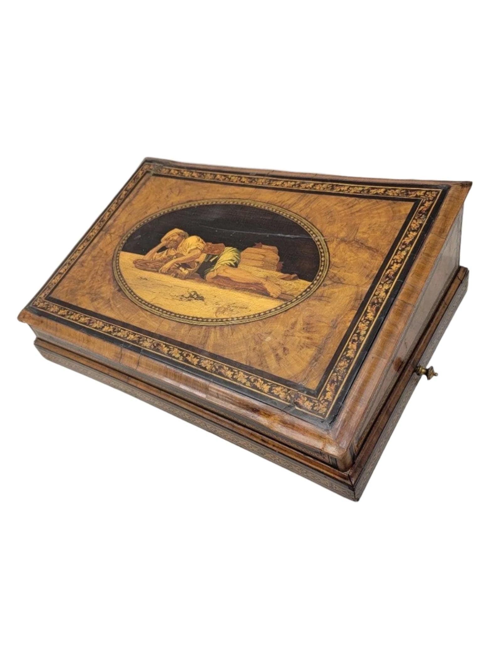Antique Italian Mahogany Inlaid and Hand Painted Angled Lap Desk (1 of 9)