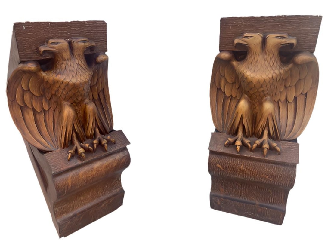 Antique Architectural Salvage Eagle Corbels - Pair: Title: Antique Architectural Salvage Eagle Corbels - Pair Description: Antique Rare Old Milwaukee Landmark Theater Building Architectural Salvage Large Eagle Corbels - Pair Incredibly Done Faux Oak Fi