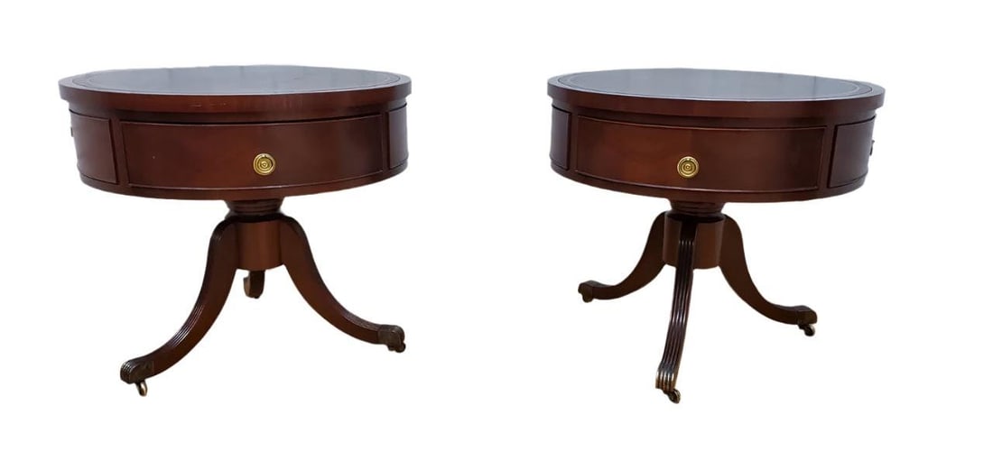 Vintage Inlaid Leather Top Mahogany Drum Side/End Tables - Pair (1 of 7)