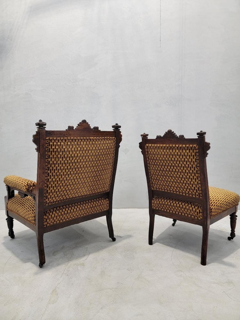 Antique Renaissance Revival Figural Carved Framed Parlor Chairs Reupholstered - Set of 2 - 10